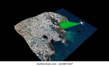 3D Rendering Of Drone Operation With Photogrammetry And Termography. 3D Model Of Drone With Payload For Digital Reconstruction On Black Background.