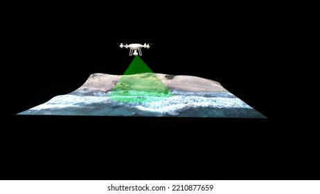 3D Rendering Of Drone Operation With Photogrammetry And Termography. 3D Model Of Drone With Payload For Digital Reconstruction On Black Background.