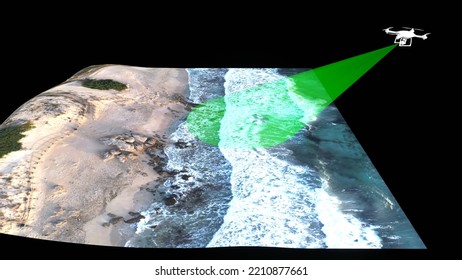 3D Rendering Of Drone Operation With Photogrammetry And Termography. 3D Model Of Drone With Payload For Digital Reconstruction On Black Background.