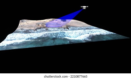 3D Rendering Of Drone Operation With Photogrammetry And Termography. 3D Model Of Drone With Payload For Digital Reconstruction On Black Background.