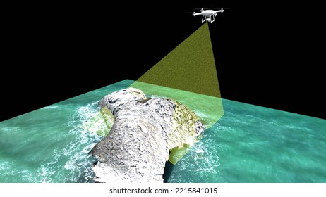 3D Rendering Of Drone Operation With Photogrammetry And Termography. 3D Model Of Drone With Payload For Digital Reconstruction On Black Background.