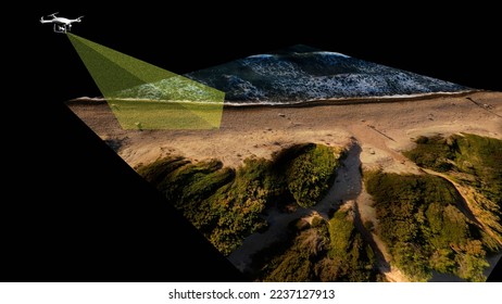 3D Rendering of drone operation with photogrammetry and termography. 3D model of drone with payload for digital reconstruction of a coastal scene on black background