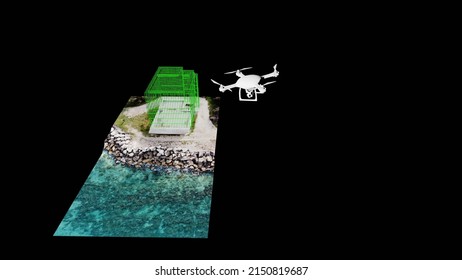 3D rendering of a drone that performs a digital reconstruction of the model of a coastal tower by the sea using photogrammetry and topography techniques through its own payload composed of sensors and