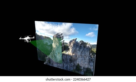 3D rendering of a drone that scans the surrounding area through its sensors and payload to carry out operations to monitor the state of erosion and three-dimensional reconstruction of analyzed model