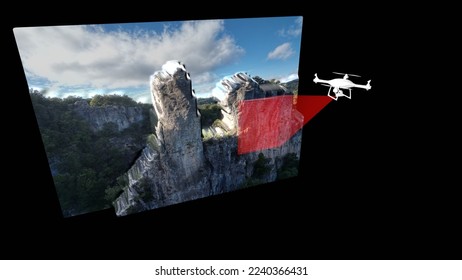 3D rendering of a drone that scans the surrounding area through its sensors and payload to carry out operations to monitor the state of erosion and three-dimensional reconstruction of analyzed model