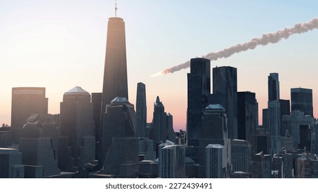 3d rendering, Drone view of meteors or missiles burning over Manhattan city, usa, 2023