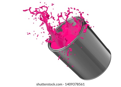 3D Rendering of a dropped paint can spilling Pink paint