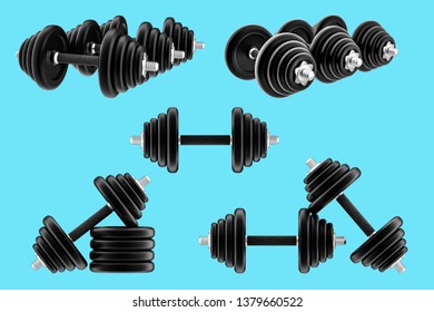 3D rendering dumbbells isolated on blue background. Fitness, bodybuilding and healthy lifestyle.