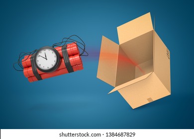 3d Rendering Dynamite Bundle With Timer Bomb Flying Out Of Cardboard Box, Suspended In Air On Blue Background. Plot Attacks. Buy Pig In A Poke. Think Outside Box.