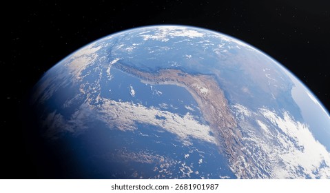 3D rendering of Earth captured from outer space highlighting a visible landform and ocean.