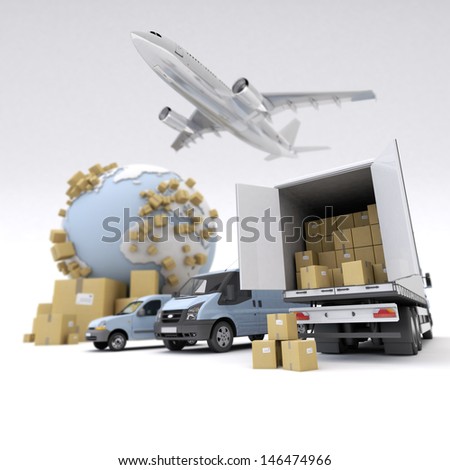 3D rendering of the Earth, cardboard boxes, a van, a truck and a flying plane