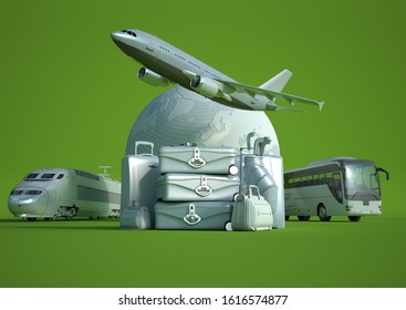 3D rendering of the Earth, a flying plane, a train and a coach with a pile of luggage