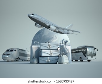 3D rendering of the Earth, a flying plane, a train and a coach with a pile of luggage