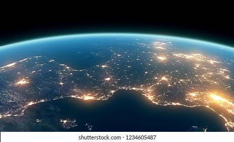3D Rendering Earth Night Close Up High Detail Europe Overture
