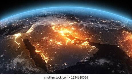 3D Rendering Earth Night to Day Sunrise Middle East