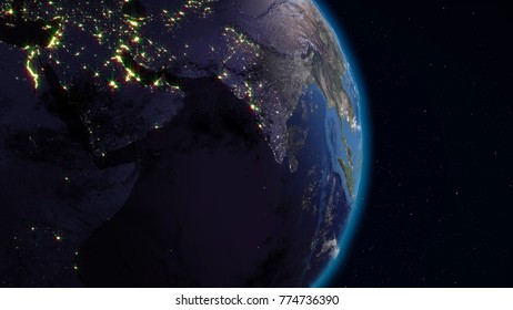 3D rendering Earth from space against the background of the starry sky. Shadow and illuminated side of the planet with cities
