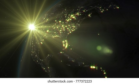 3D rendering Earth from space against the background of the starry sky and the Sun. Shadow and illuminated side of the planet with cities. Through the atmosphere of the planet can be seen the sunrise