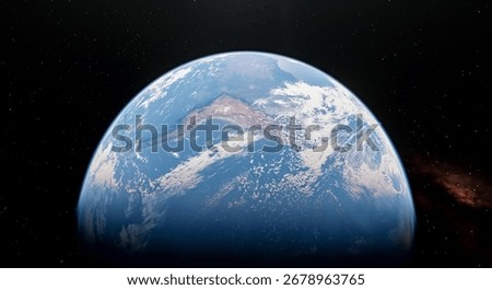 3D rendering of Earth in space, depicting clouds, continents, and starry background.