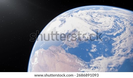 3D rendering of Earth from space depicting continents, clouds, and vast space.