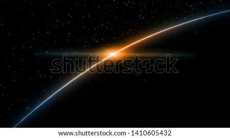 3D Rendering of earth from space with run rising and ray light flare at horizon among glowing stars in galaxy. For wallpaper, sci fi, science or technology background