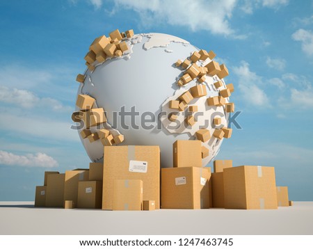3D rendering of the earth surrounded by cardbox boxes