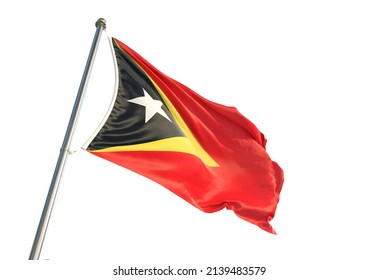 3d rendering East Timor flag waving in the wind on flagpole. Perspective wiev East Timor flag waving a white background. Flag of East Timor isolated on white background.