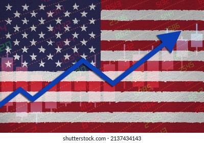 3D Rendering Of Economic Recovery With Stock Market Chart Arrow Up In Positive Territory Over US Flag Painted On Wall. Business And Financial Money Market Upturn Concept In United States.