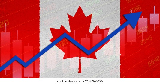 3D Rendering Of Economic Recovery With Stock Market Chart Arrow Up In Positive Territory Over Canadian Flag Painted On Wall. Business And Financial Money Market Upturn Concept In Canada.