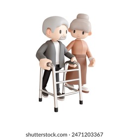3d rendering an elderly man walking with a walker and his partner by his side have clipping path