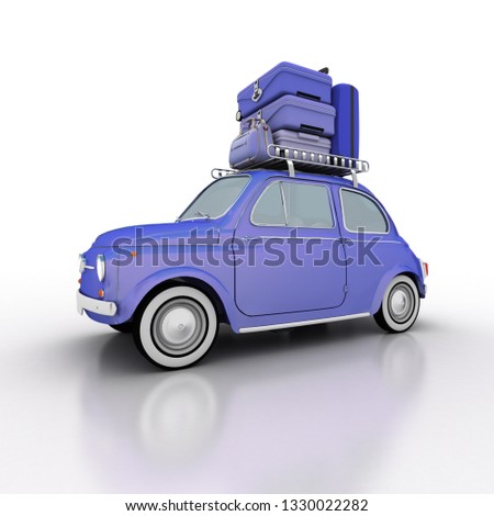 3D rendering of an electric blue compact car with a pile of luggage on top