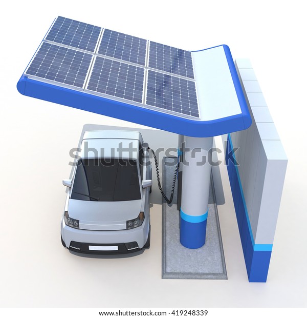 3D Rendering of a Electric Car in Charging\
Station on white\
background.