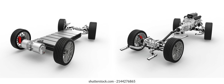 3D Rendering Electric Car Drive Train Vs Petrol Car Drive Train. Eco Friendly Electric Cars And Gasoline Car Comparison. Gasoline And Electric Car