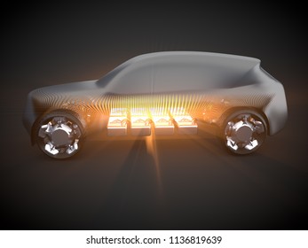 3D rendering: electric SUV with open carbody with view at the battery pack