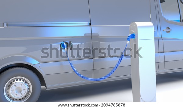 3D\
rendering of an electric van at a charging\
station