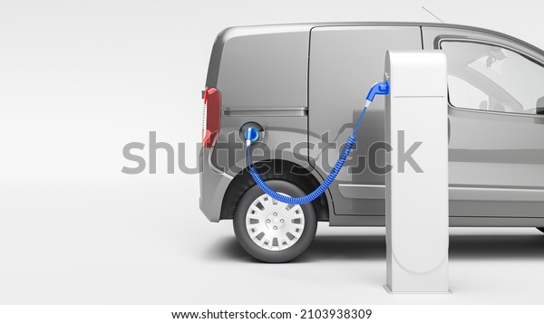 3D\
rendering of an electric van at a charging\
station