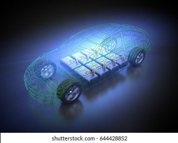 3D Rendering: Electric Vehicle In Motion With Open Carbody With View At The Battery Pack