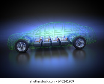 3D Rendering: Electric Vehicle In Motion With Open Carbody And Battery Pack