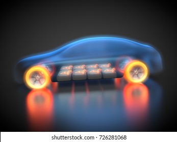 3D rendering: electric vehicle in motion with transparent carbody with view at the battery pack