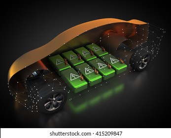 3D rendering: electric vehicle with open carbody with view at the battery
Car is powered by electricity.