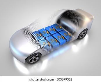 3D rendering: electric vehicle with open carbody with view at the battery