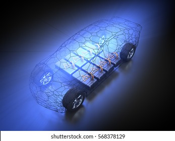 3D Rendering: Electric Vehicle With Open Carbody With View At The Battery Pack