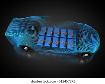 3D rendering: electric vehicle with open carbody with view at the battery pack
Car is powered by electricity.