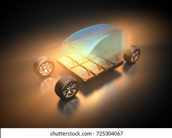 3D rendering: electric vehicle with open carbody with view at the battery pack