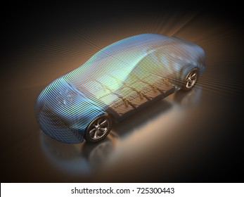 3D rendering: electric vehicle with view at the battery pack