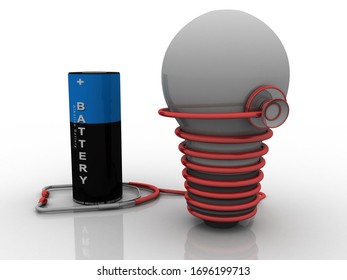 3d rendering Electrical energy and power supply source concept, accumulator battery with charging led bulb connected Stethoscope 