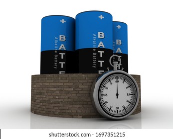 3d rendering Electrical energy and power supply source concept, accumulator battery with stopwatch