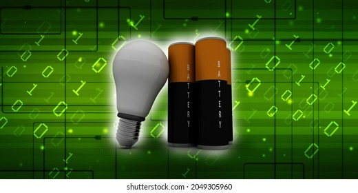 3d rendering Electrical energy and power supply source concept, accumulator battery with charging led bulb 