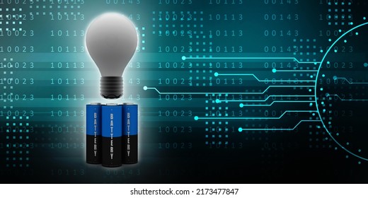 3d rendering Electrical energy and power supply source concept, accumulator battery with charging led bulb 