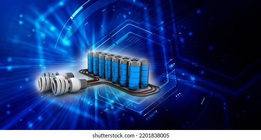 3d rendering electrical energy and power supply source concept,accumulator battery with charging led bulb connected optical cable