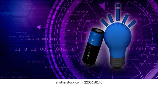 3d rendering Electrical energy and power supply source concept, accumulator battery with cfl bulb